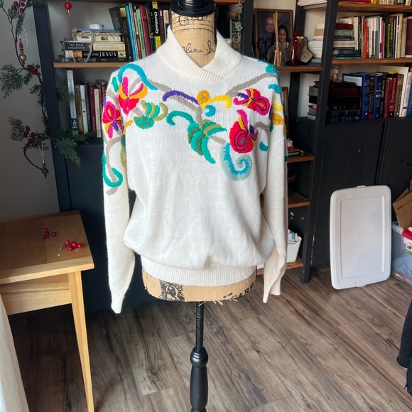 Colorful Embroidered Cowl Neck Sweater - Picture 6 of 10